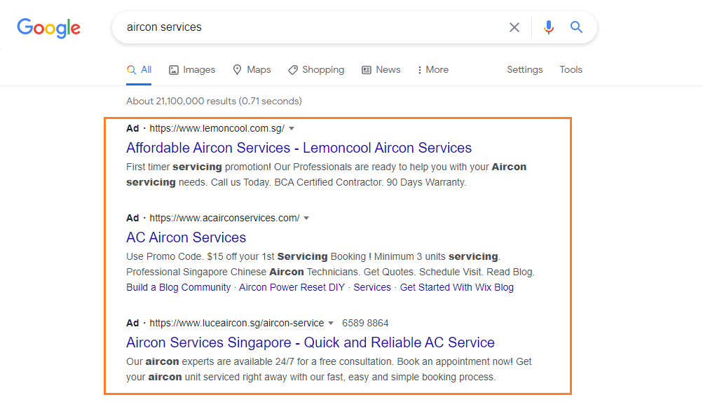 Examples of Searcn Engine Marketing ads on Google